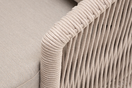 "Верона" диван 3-местный плетеный из роупа, каркас алюминий белый муар, роуп бежевый круглый, ткань бежевая 052