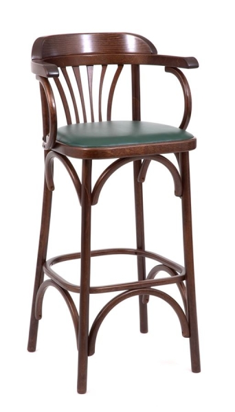 Барный деревянный стул Венский 750 темный тон с мягким сиденьем из зеленой экокожи
