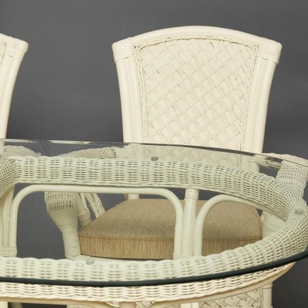 Комплект обеденный "ANDREA GRAND" (стол со стеклом + 6 кресел + подушки) белый, ткань рубчик, кремовый