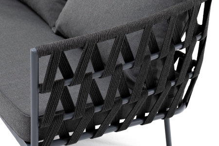 "Диего" диван 2-местный плетеный из роупа, каркас алюминий темно-серый (RAL7024) муар, роуп темно-серый круглый, ткань темно-серая 027