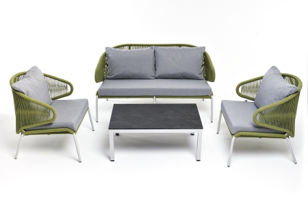 "Милан" лаунж-зона 4-местная плетеная из роупа (веревки), каркас алюминиевый светло-серый, роуп салатовый меланж