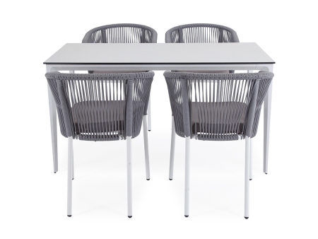 "Малага" обеденная группа на 4 персоны со стульями "Марсель", каркас белый, роуп светло-серый