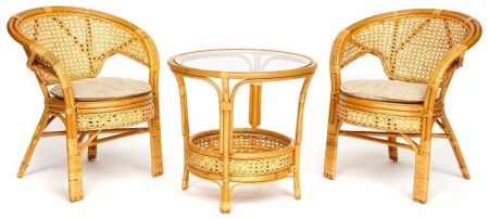 ТЕРРАСНЫЙ КОМПЛЕКТ "PELANGI" (стол со стеклом + 2 кресла) /без подушек/ротанг, кресло 65х65х77см, стол диаметр 64х61см, Honey (мед)