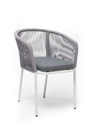 "Марсель" стул плетеный из роупа, каркас алюминий белый муар, роуп светло-серый круглый, ткань светло-серая