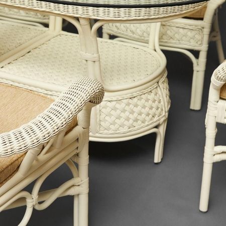 Комплект обеденный "ANDREA GRAND" (стол со стеклом + 6 кресел + подушки) белый, ткань рубчик, кремовый