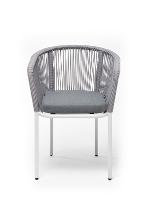 "Марсель" стул плетеный из роупа, каркас алюминий белый муар, роуп светло-серый круглый, ткань светло-серая