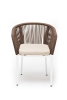 "Марсель" стул плетеный из роупа, каркас алюминий белый муар, роуп коричневый круглый, ткань бежевая 052