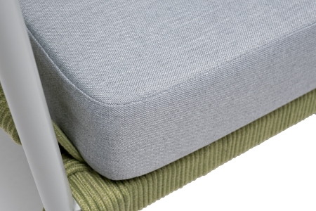 "Диего" диван 2-местный плетеный из роупа, каркас алюминий светло-серый (RAL7035) муар, роуп салатовый меланж круглый, ткань светло-серая