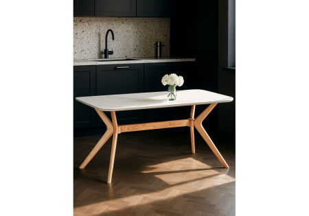 Керамический стол Unika 180x80 белый спеченный камень, светлое дерево