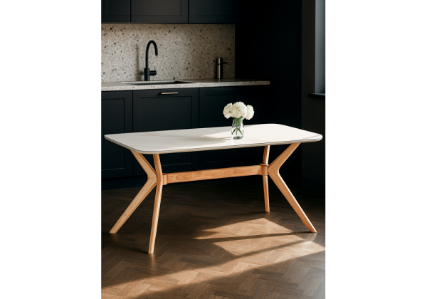 Керамический стол Unika 180x80 белый спеченный камень, светлое дерево Керамический стол Unika 180x80 белый спеченный камень, светлое дерево