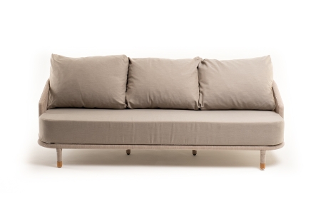 "Верона" диван 3-местный плетеный из роупа, каркас алюминий белый муар, роуп бежевый круглый, ткань бежевая 052