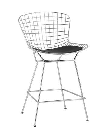 Стул полубарный с низкой спинкой Bertoia хромированный с черной подушкой