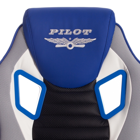 Кресло PILOT экокожа и ткань, черный перфорированный и св.серый и синий