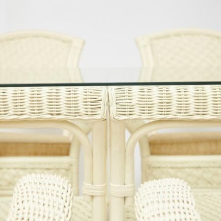 Комплект обеденный "ANDREA GRAND" (стол со стеклом + 6 кресел + подушки) белый, ткань рубчик, кремовый