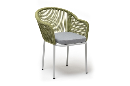 "Лион" стул плетеный из роупа, каркас из стали светло-серый (RAL7035) муар, роуп салатовый меланж круглый, ткань светло-серая
