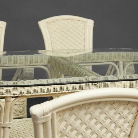 Комплект обеденный "ANDREA GRAND" (стол со стеклом + 6 кресел + подушки) белый, ткань рубчик, кремовый