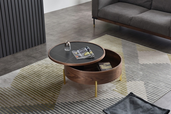 Стол журнальный CT6057CS (D80) черная керамика/орех, золото